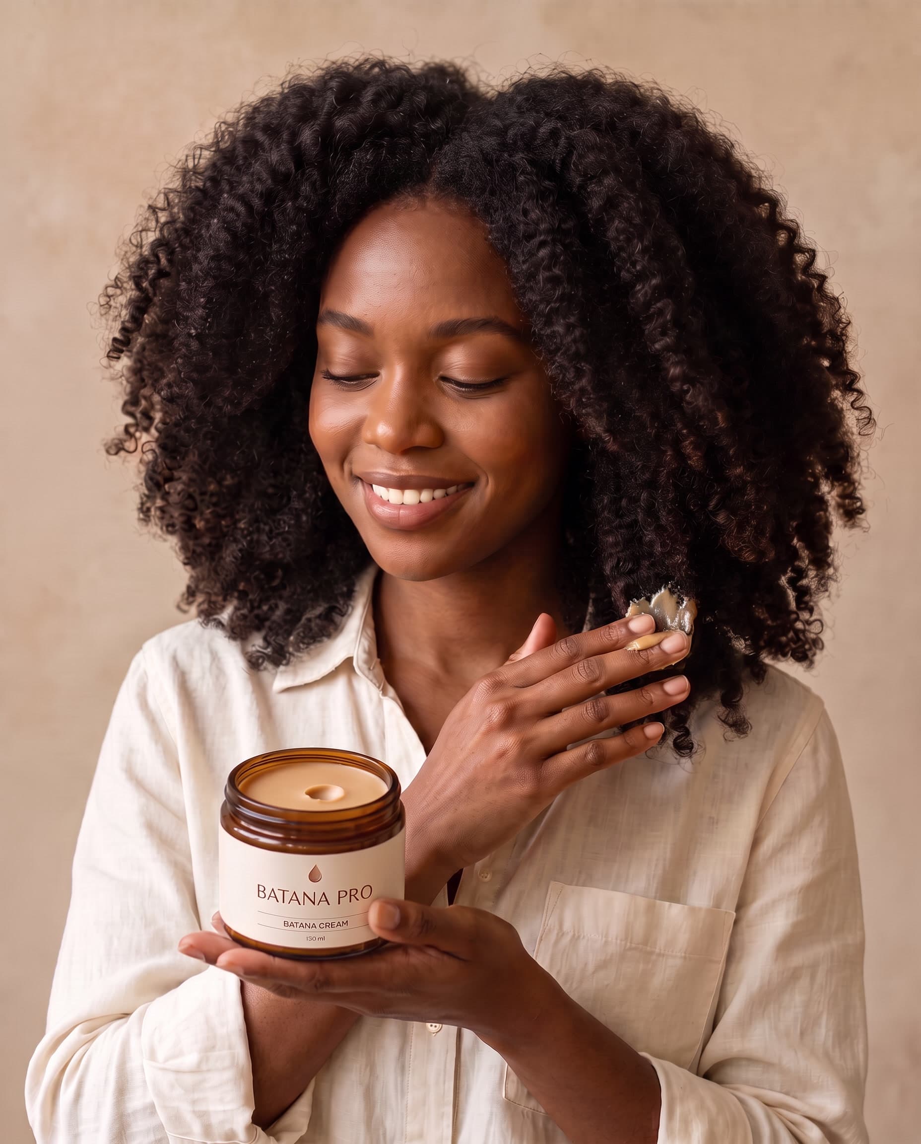A woman with voluminous coily hair holding a jar of Batana Cream and smoothing it into her ends