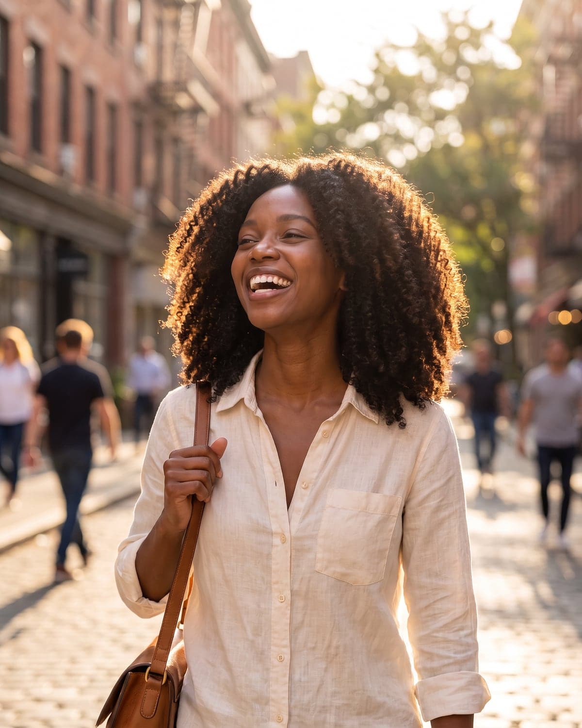 A woman laughing as she walks down a sunlit street with glossy, defined coily hair