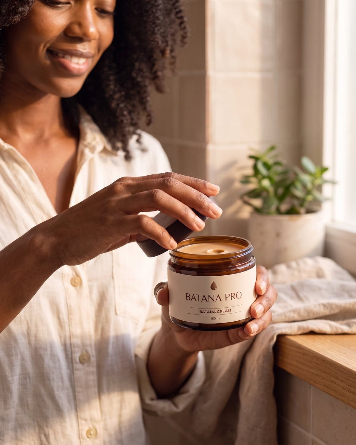 A woman twisting the lid off a jar of Batana Cream on a sunlit bathroom shelf