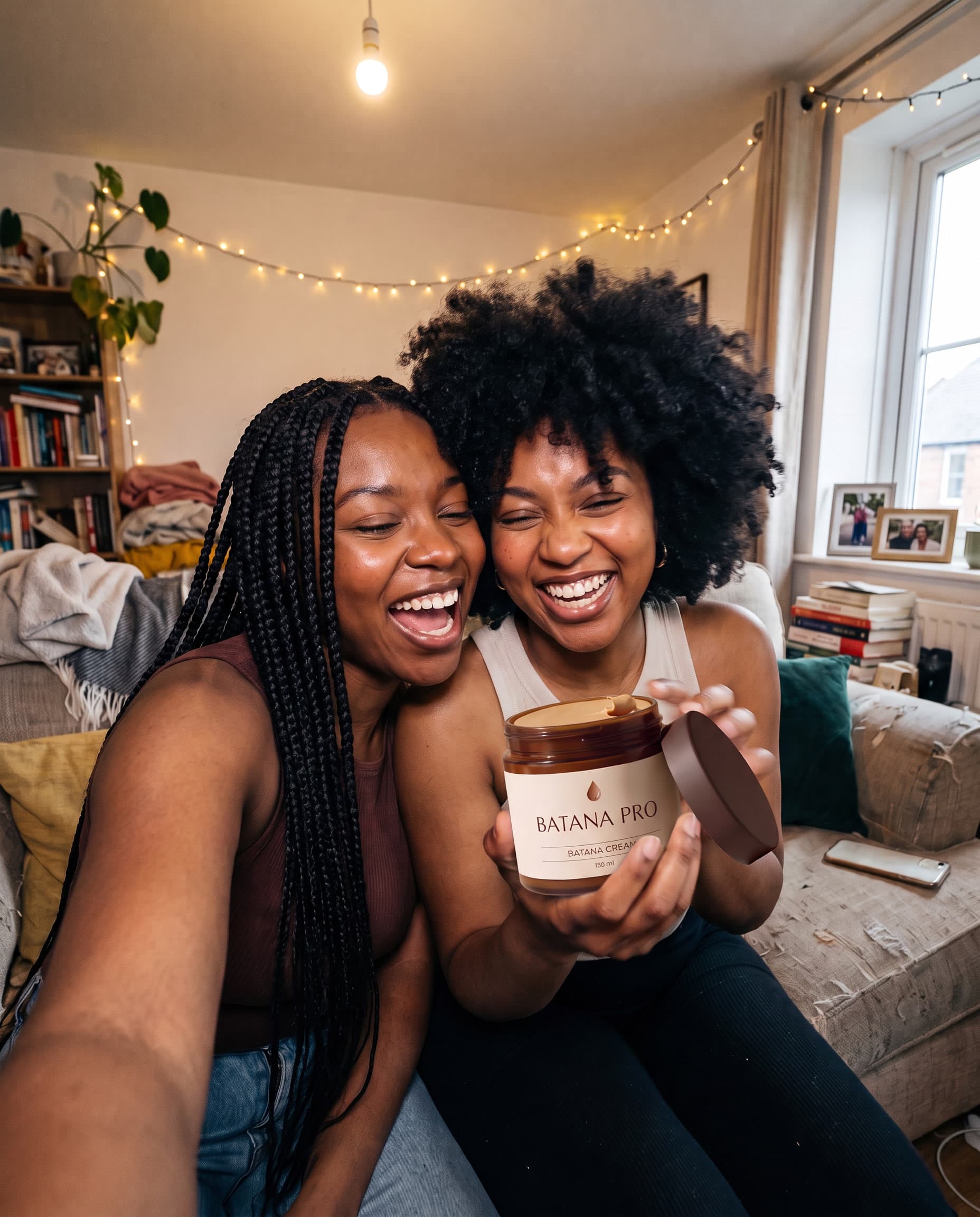 Two friends laughing with a jar of Batana Cream