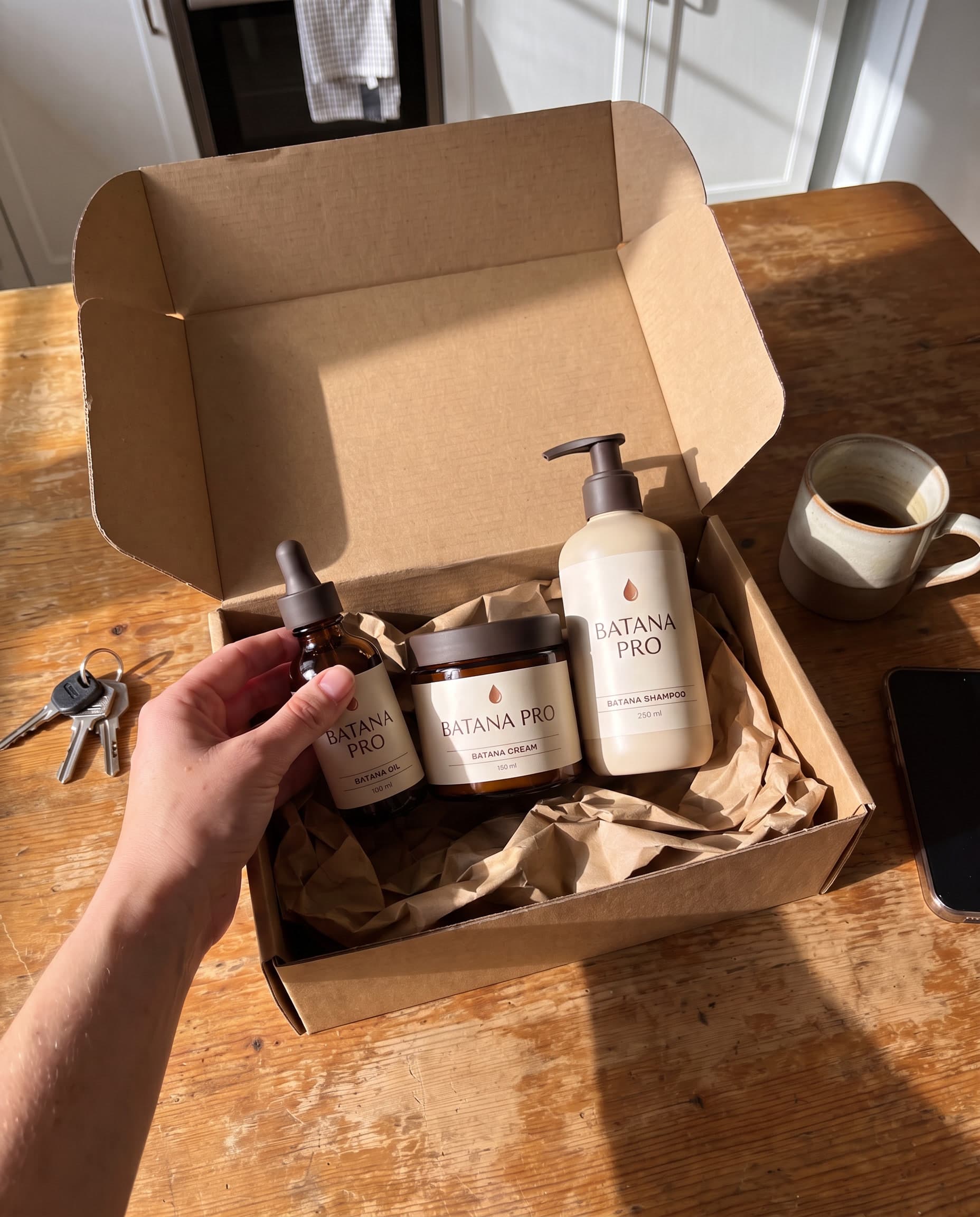An opened shipping box with Batana Oil, Batana Cream and Batana Shampoo on a kitchen table