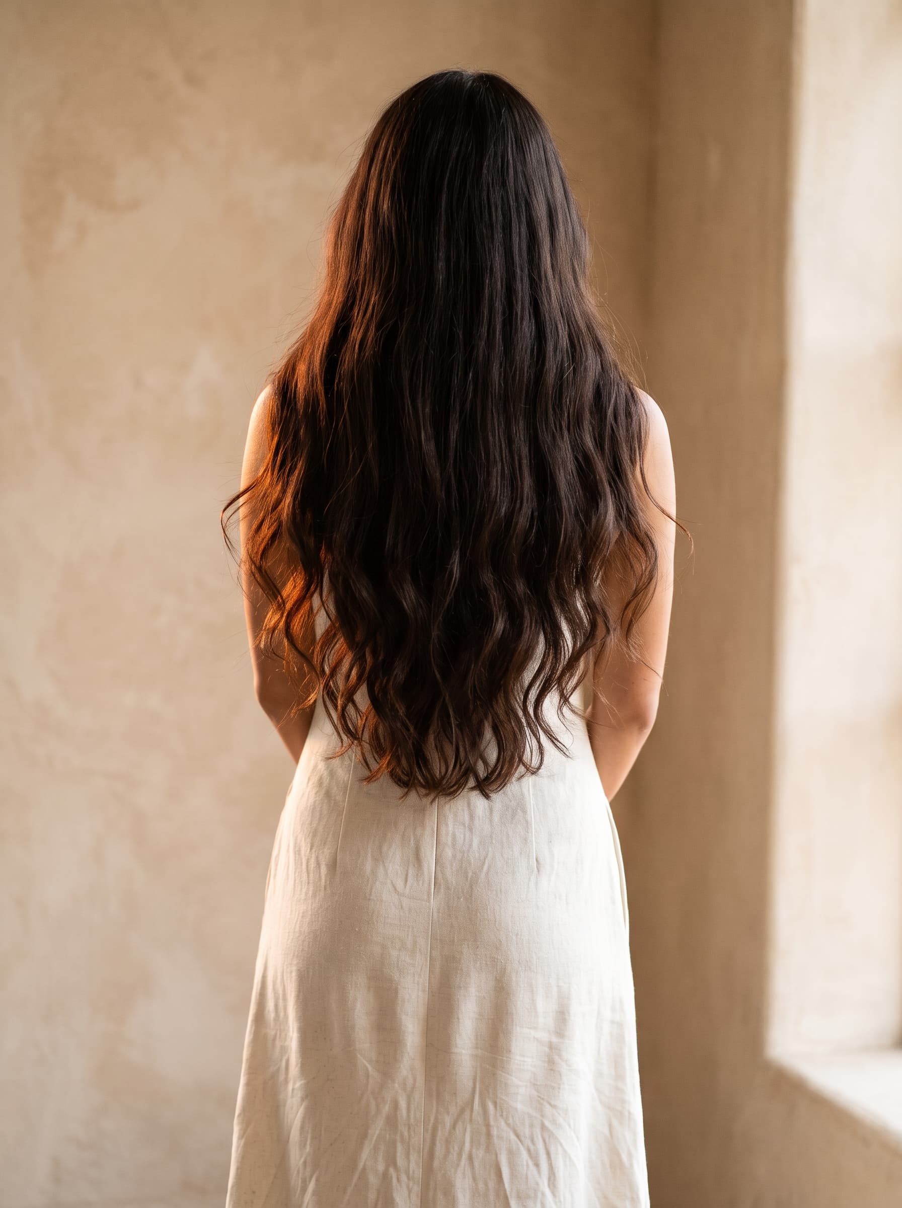 Long, thick, glossy dark hair seen from behind