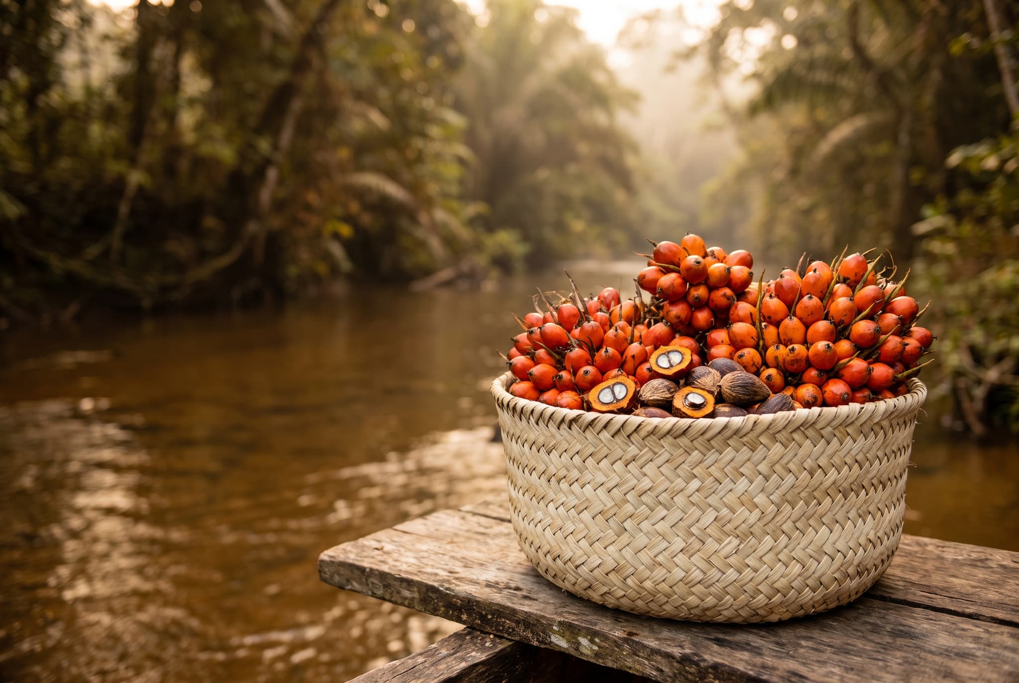 A woven basket of freshly harvested American oil palm fruits beside a river in the Honduran rainforest